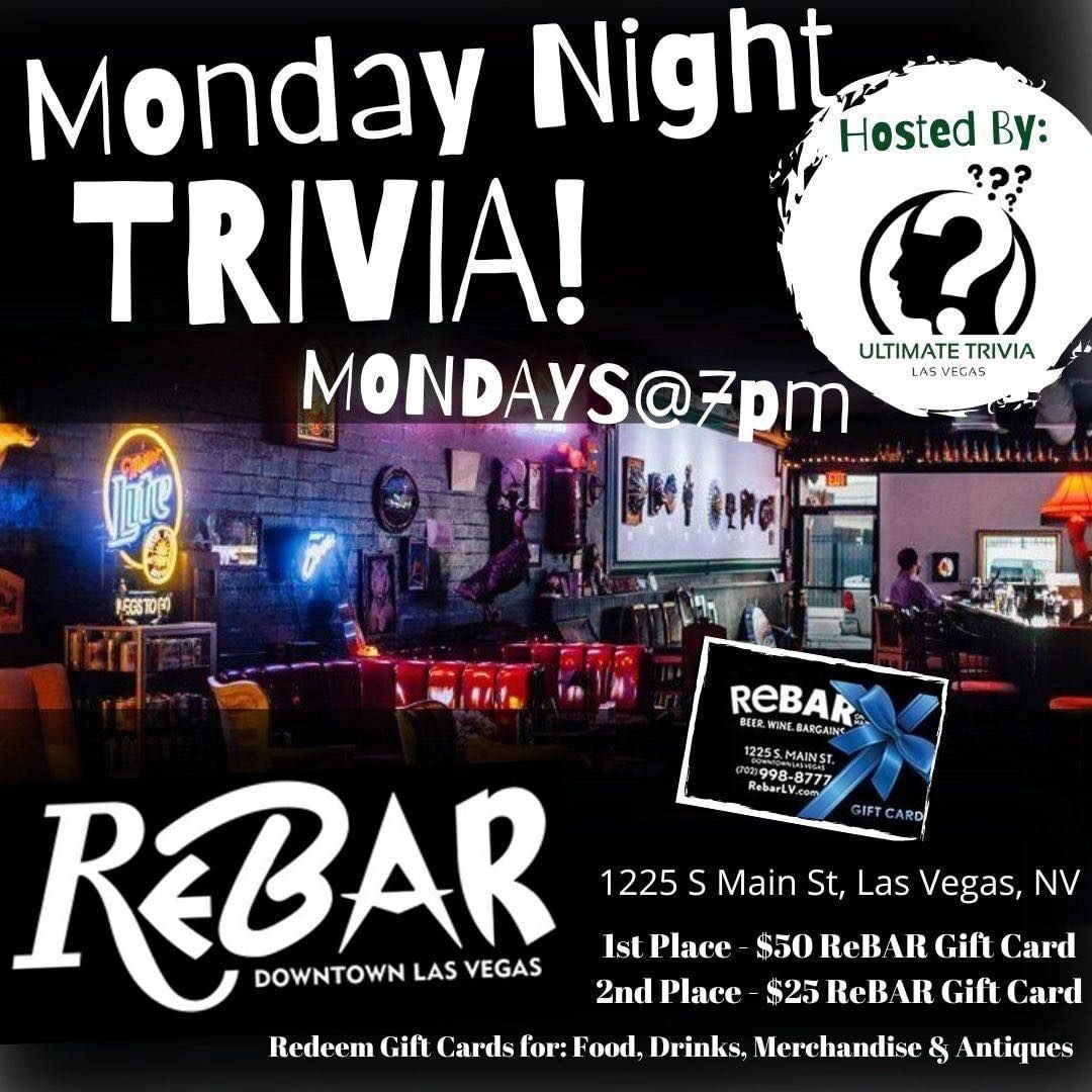 ReBAR's Monday Night Trivia flyer — Mondays at 7pm, free entry, weekly cash prizes